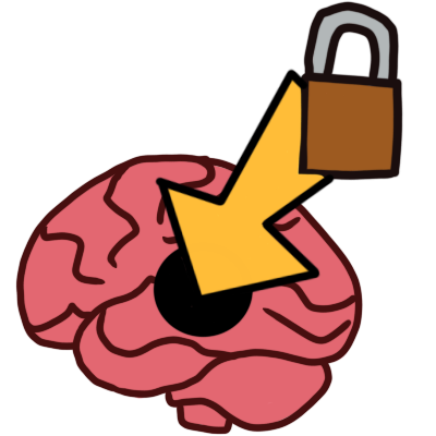 a yellow arrow going from a closed padlock to a black circle, which represents memory loss / being hidden, in  a brain. 